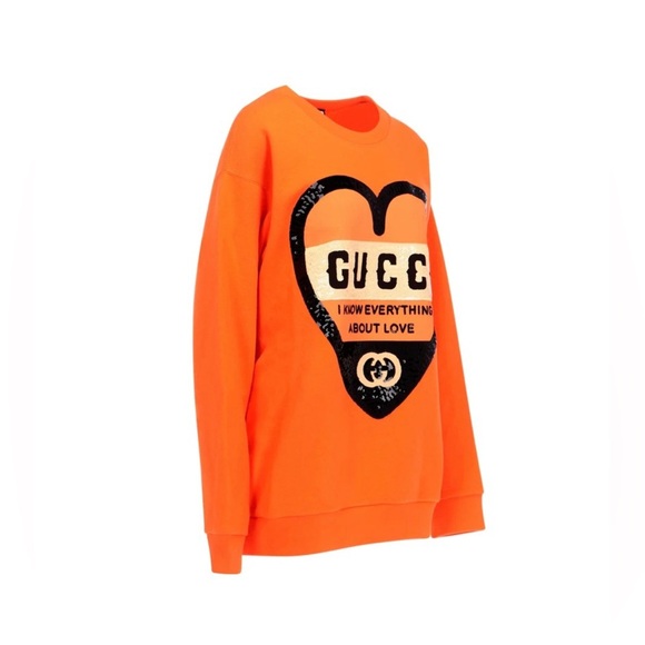 GUCCI- I Know Everything About Love- Sequin Orange Heart Sweatshirt. Siz… - Picture 2 of 15